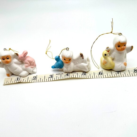 Vintage Ceramic Angel Ornaments Set Of 3 With Bird Duck Bunny Christmas Holiday - Picture 2 of 16